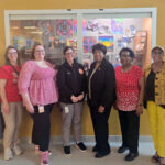 The Irene Morgan Grant Committee sponsored two assemblies for eighth graders at Page and Peasley middle schools. The students were told about who Irene Morgan was and the role she played in Gloucester County’s African American history. Jaidyn Forrest, a Gloucester High School graduate and senior at Christopher Newport University, spoke at both assemblies. Shown here at Page Middle School are, from left, committee member Gwynette Foster, Page assistant principals Christie Pica and Amanda Gum, principal Shanna Merritt, committee chairperson Carolyn Lemon, committee members Marion Randall and Deloris Stokes, and Forrest.