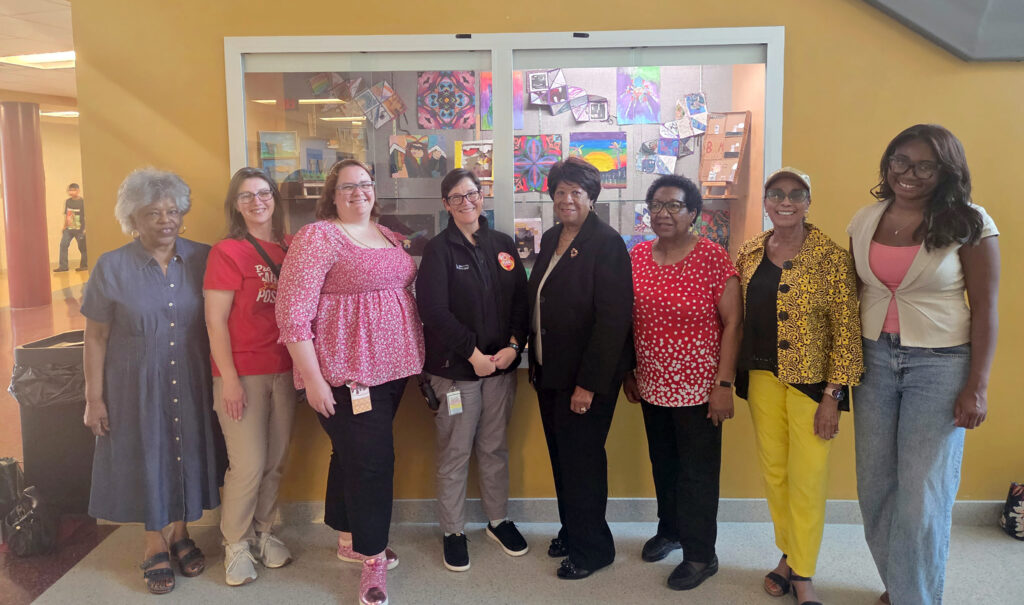 The Irene Morgan Grant Committee sponsored two assemblies for eighth graders at Page and Peasley middle schools. The students were told about who Irene Morgan was and the role she played in Gloucester County’s African American history. Jaidyn Forrest, a Gloucester High School graduate and senior at Christopher Newport University, spoke at both assemblies. Shown here at Page Middle School are, from left, committee member Gwynette Foster, Page assistant principals Christie Pica and Amanda Gum, principal Shanna Merritt, committee chairperson Carolyn Lemon, committee members Marion Randall and Deloris Stokes, and Forrest.